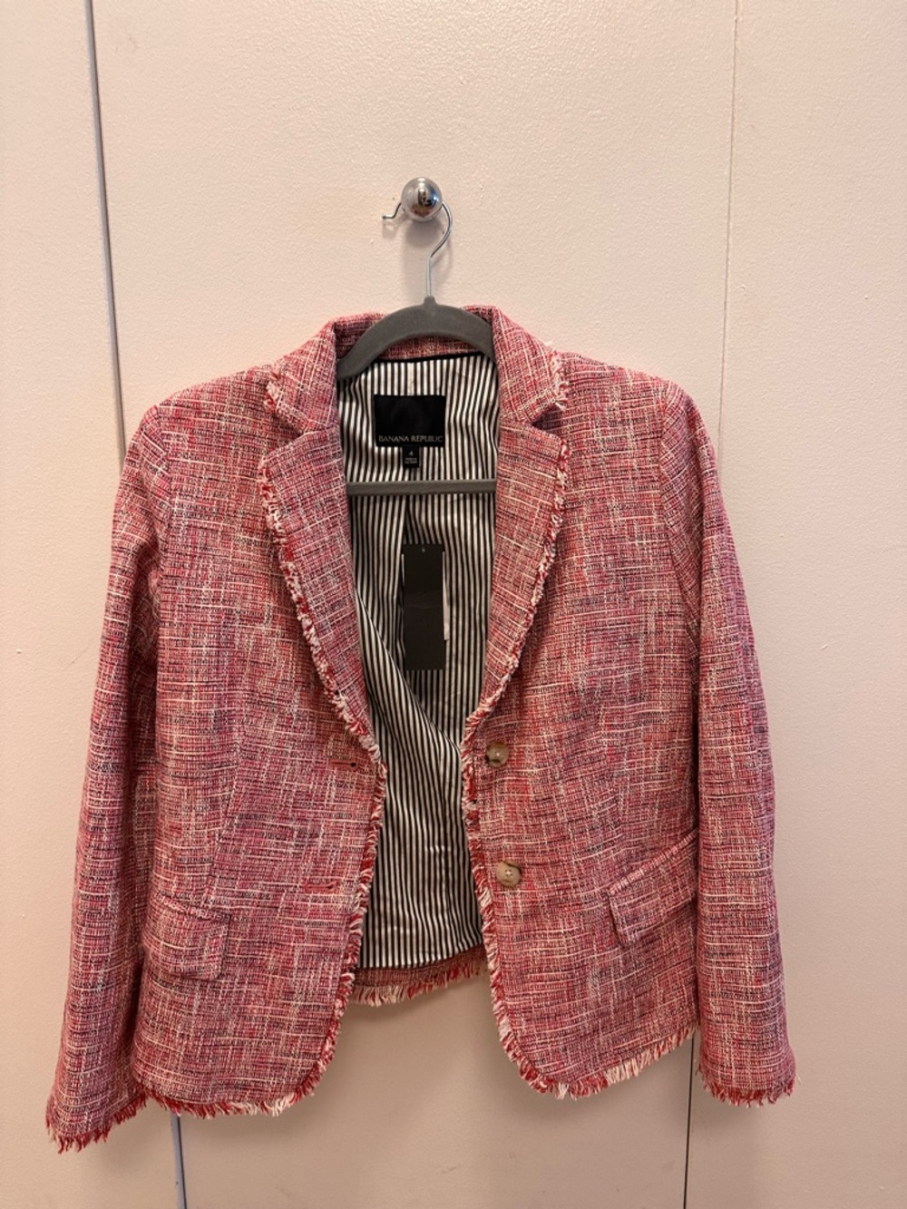 Banana Republic Pink Tweed Fringe Blazer